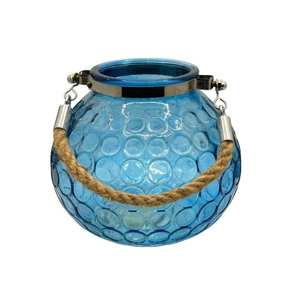 Blue Bubble Glass Hanging Candle Holder With Metal & Rope Handle - Picture 8 of 14